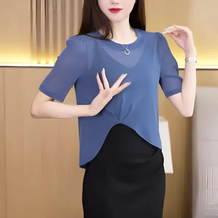 夏季防晒薄款不规则洋气开叉网纱罩衫披肩中袖宽松版纯色女上衣