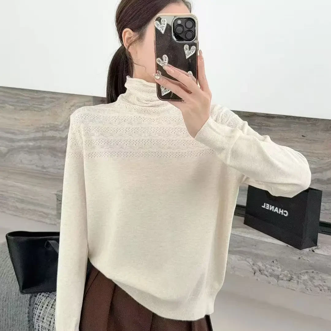 手工钩花半高领宽松百搭纯色时尚针织衫女上衣秋冬