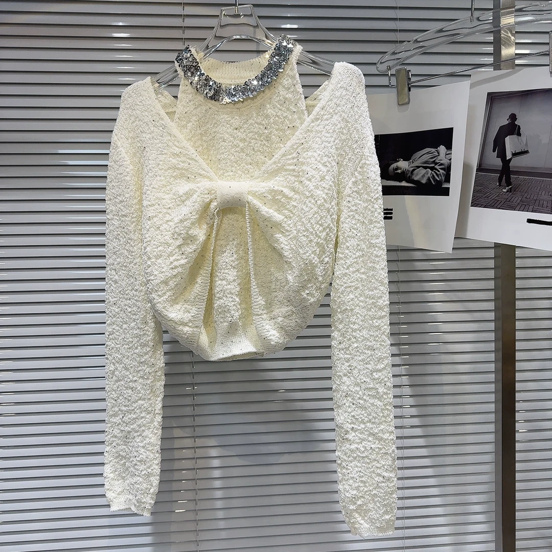 特价 2025春季新款小香风亮片挂脖背心+大蝴蝶结针织衫两件套