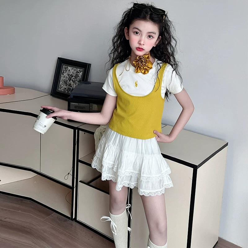 女童多巴胺套装2025夏季新款洋气时髦假两件上衣蕾丝短裙两件套潮