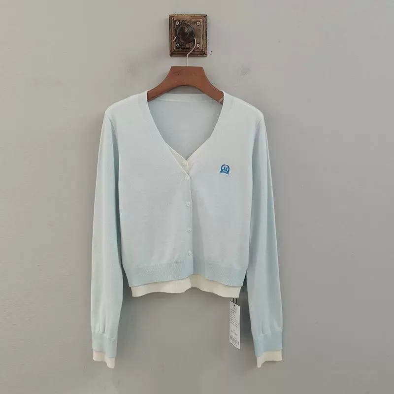 ZKSBS28B麦寻2025春季新款假两件针织衫女长袖V领毛衣开衫