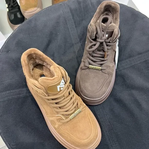 冬季新款圆头高帮鞋系带厚底反毛皮保暖休闲百搭女士棉鞋秋冬