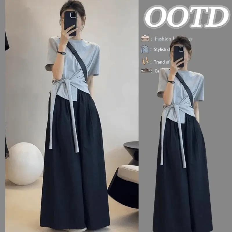 A280+A281夏季休闲不规则绑带短袖T恤女高腰显瘦阔腿裤减龄两件套