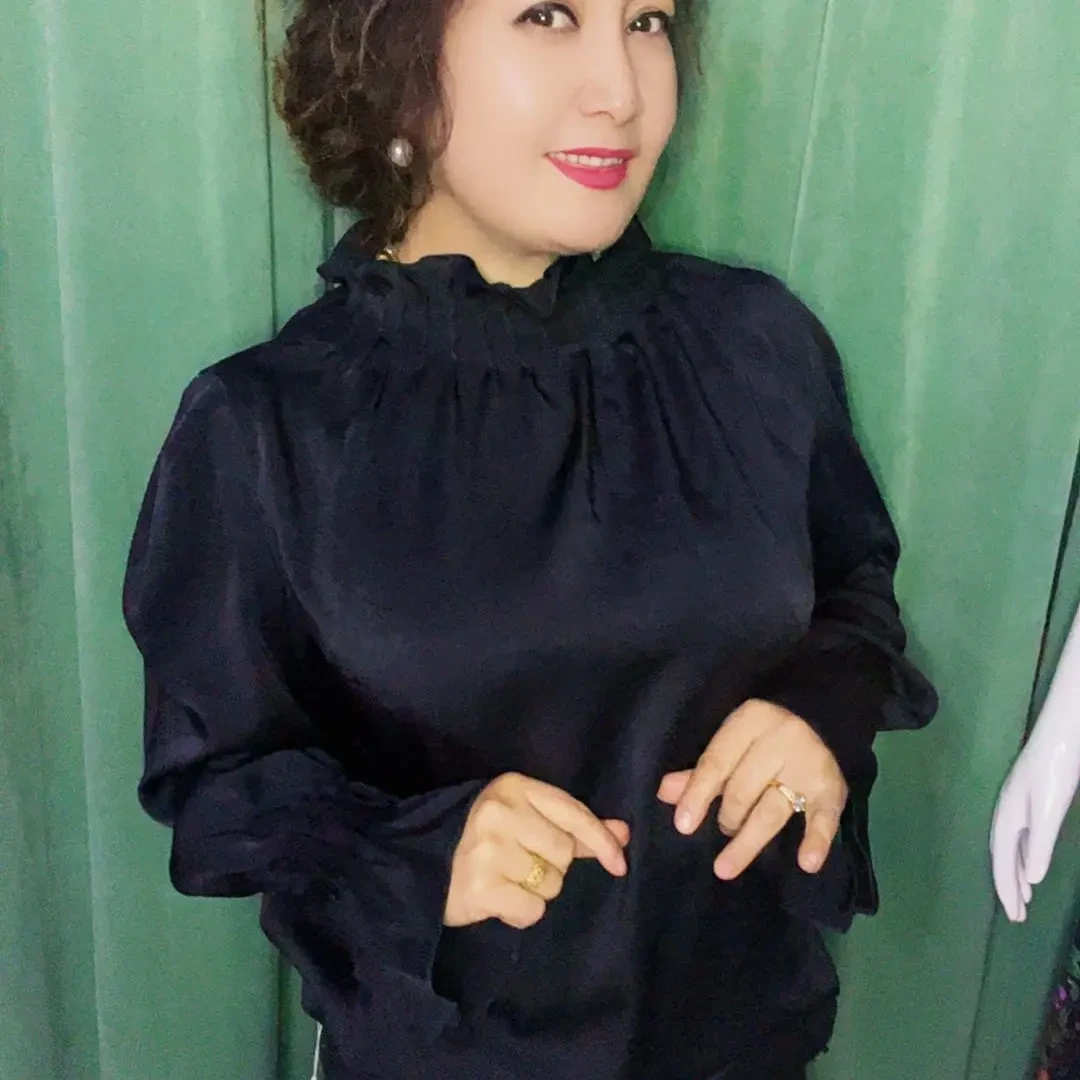 时尚花瓣领长袖桑蚕丝真丝衬衫女洋气上衣