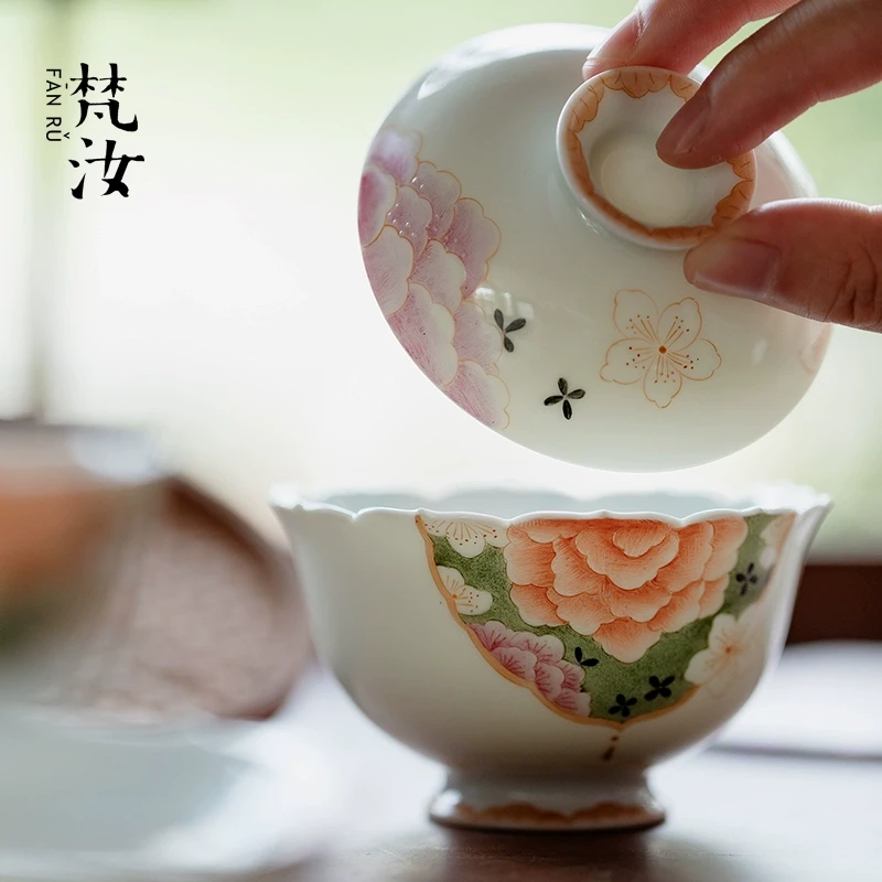 梵汝景德镇手工彩绘繁花似锦盖碗釉下彩不烫手泡茶碗茶杯功夫茶具