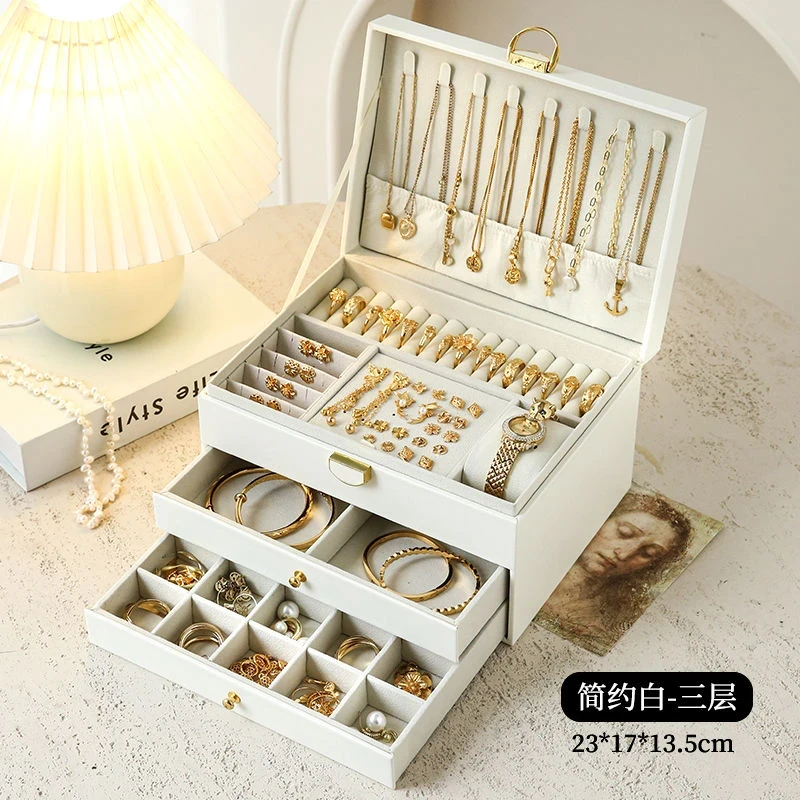 新款多层大容量首饰盒带锁珠宝盒耳饰饰品抽屉式收纳盒三层