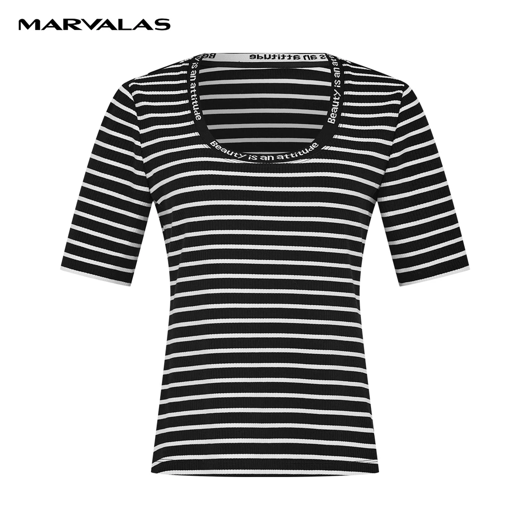 【曼德诗】针织T恤春装新款经典黑白条纹复古打底衫M313107742