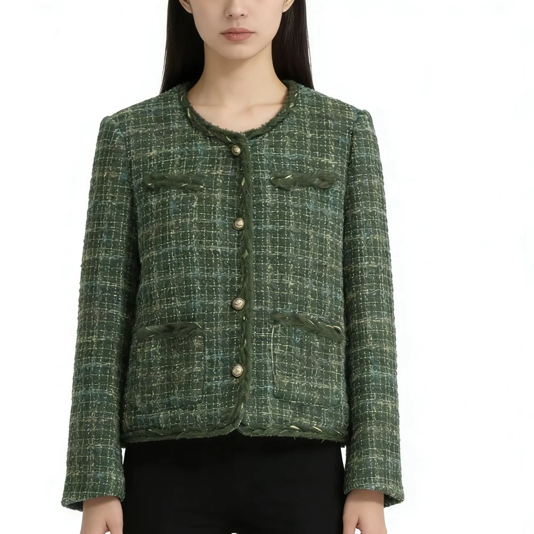 秋冬加厚保暖小香风女士羊毛粗花呢短外套