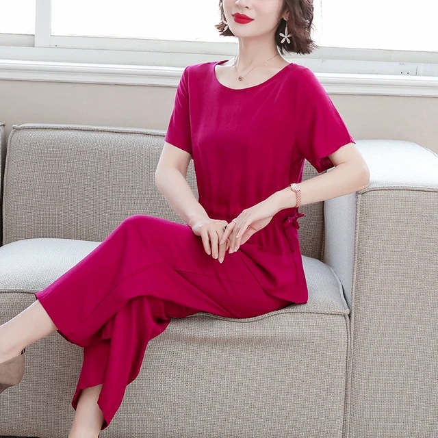 棉绸睡衣套装女时尚可外穿2025年夏季短袖宽松中老年妈妈装阔腿裤