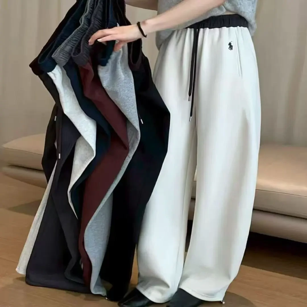 秋冬韩女垂感弯刀卫裤休闲时尚百搭刺绣小标拼色直筒阔腿裤女裤子