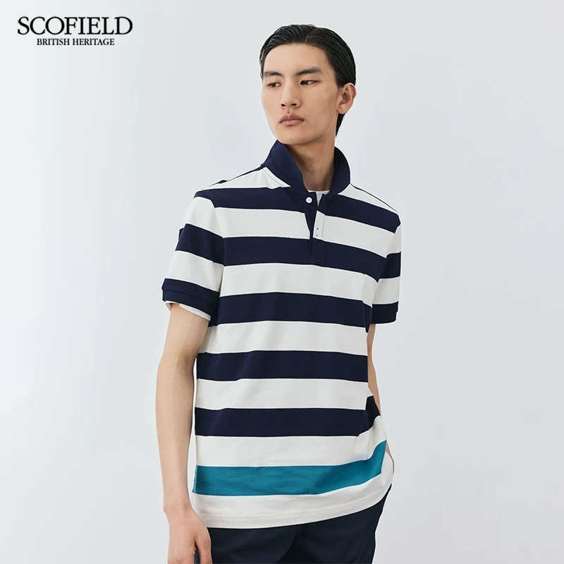 SCOFIELD商务T恤夏休闲简约舒适纯棉短袖条纹拼色翻领POLO