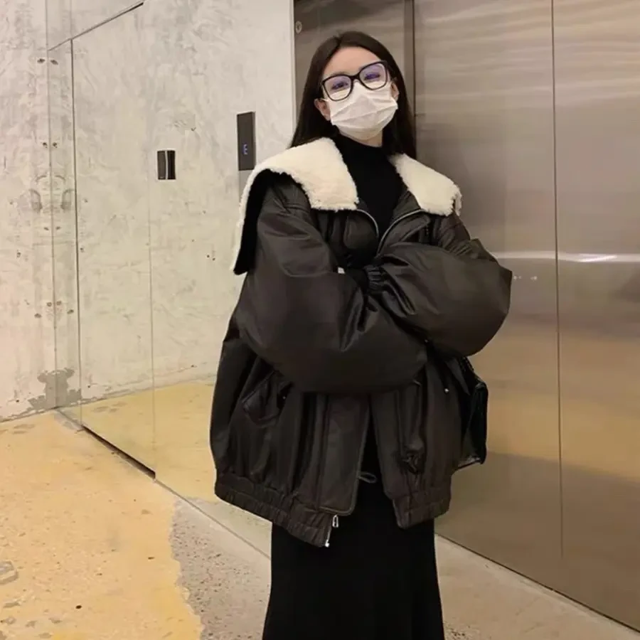 人造皮草韩版宽松加厚立领拼接毛领皮衣冬季新款防寒保暖外套