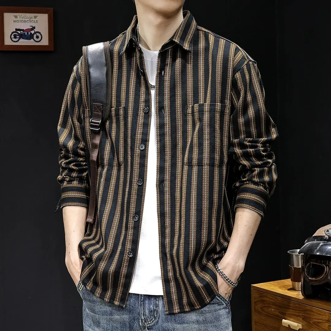 英伦风休闲条纹衬衫男士长袖春秋季新款痞帅百搭衬衣美式复古外套