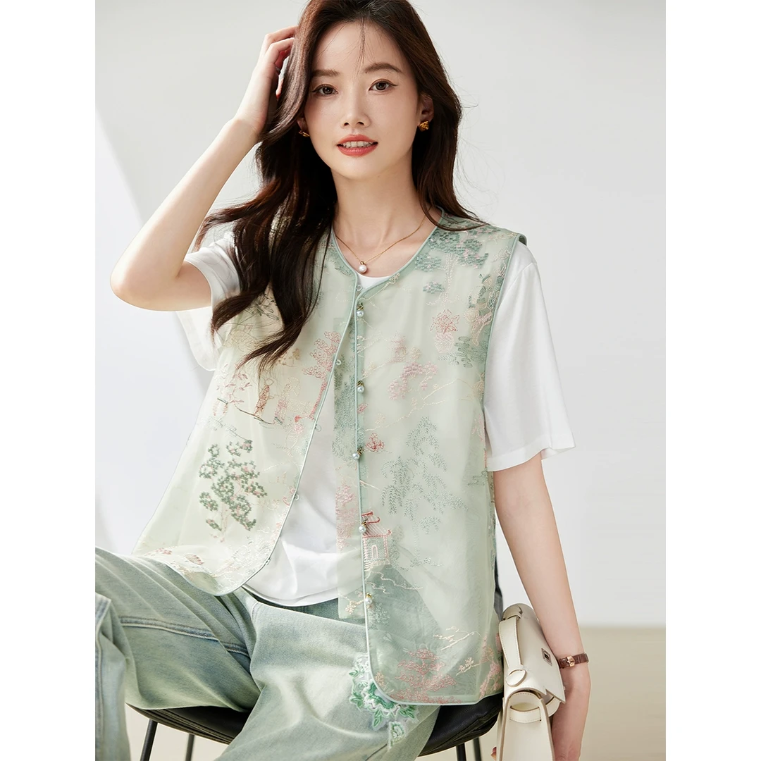 新中式国风刺绣马甲女夏新款宽松大码无袖坎肩欧根纱上衣TC2881