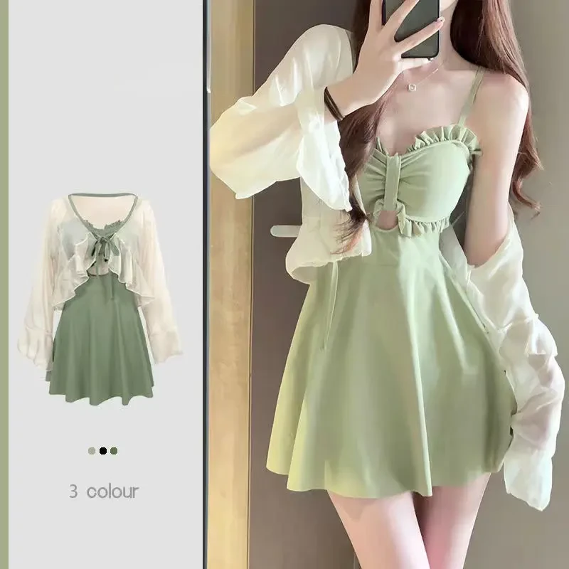 新款夏季连体泳衣女保守裙式遮肚时尚高级感长袖防晒温泉泳装-068