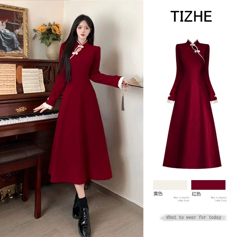 大码新中式国风改良旗袍连衣裙女秋冬胖mm气质高级感红色订婚礼服