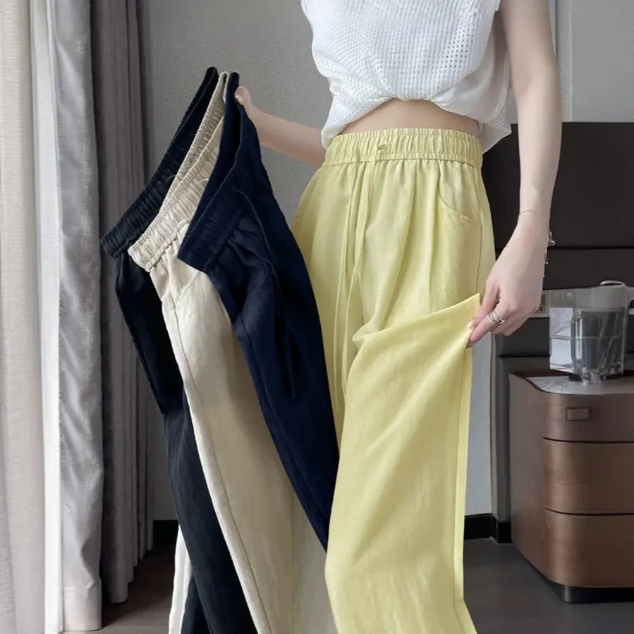 亚麻天丝直筒裤女夏季薄款高腰宽松显瘦凉感阔腿小个子棉麻拖地裤