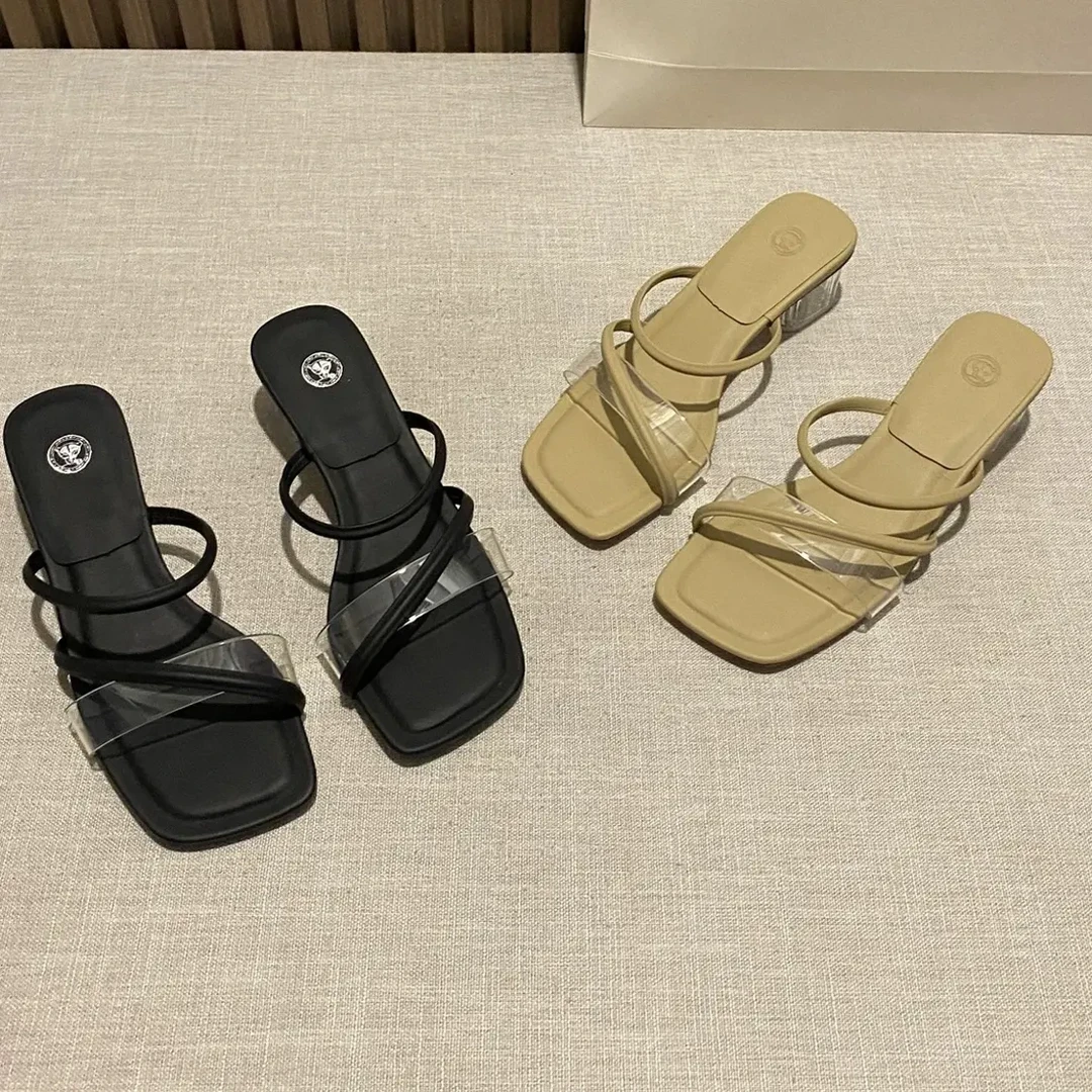 粗跟夏季防水防滑露趾法式百搭鞋子高跟平底凉鞋方头一字带仙女风