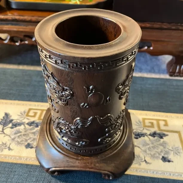 桌面摆件（双龙戏珠）黑檀木大号笔筒书房办公室还是送礼佳品