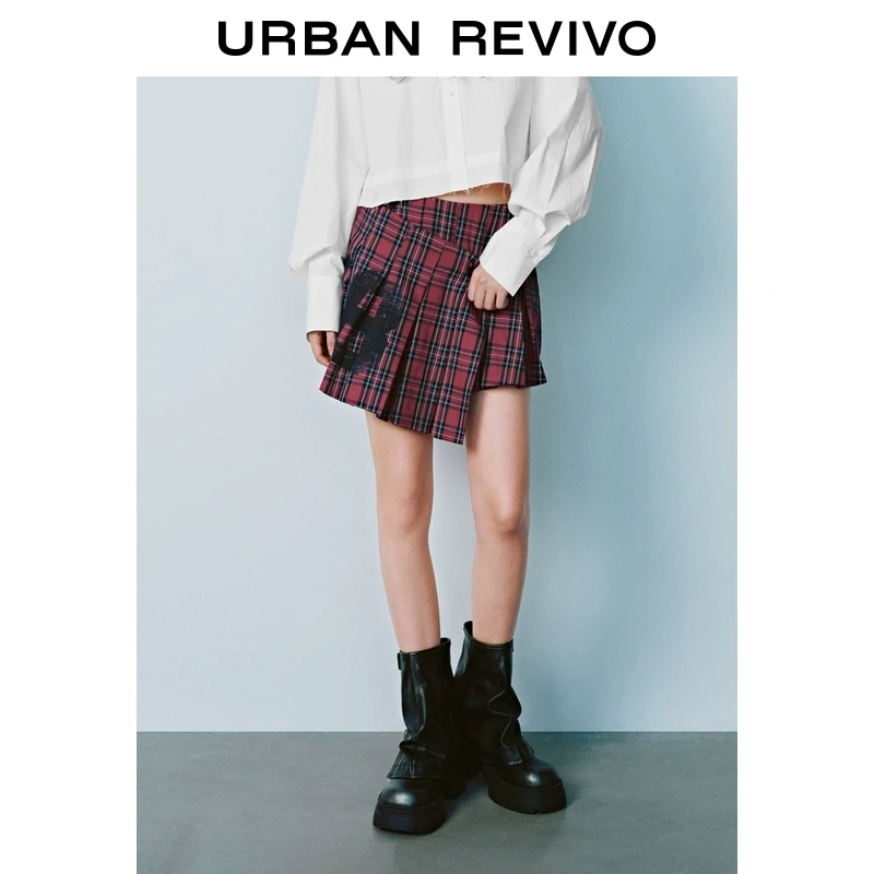 UR2025秋季新款女复古学院风格纹不规则设计感半裙UYV550007