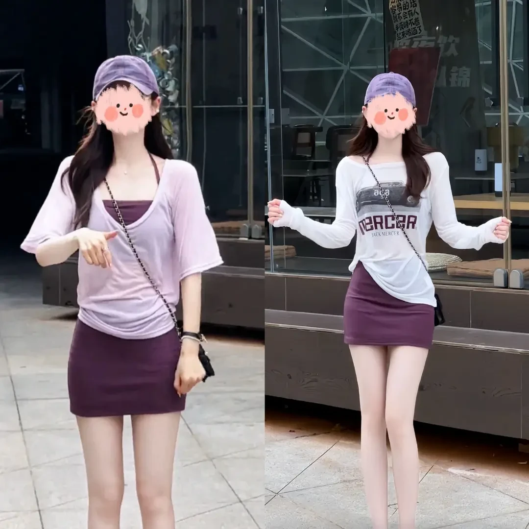 美式辣妹防晒时尚套装女2025夏季新款宽松罩衫+挂脖背心+包臀短裙