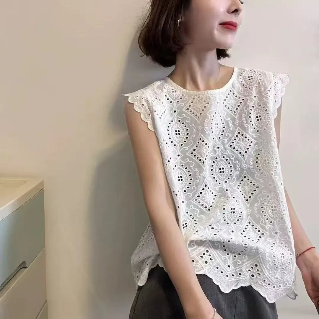 【蕾丝上衣】夏季新款镂空蕾丝无袖短款气质短袖衬衫 2995