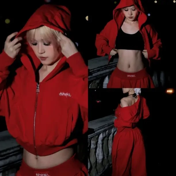 〖圣诞新年系列〗黑盒子原创红色连帽卫衣辣妹短款开衫外套运动休闲