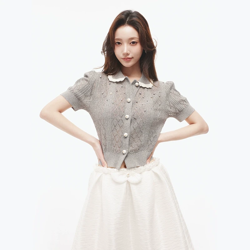 lefame拉飞姆2025夏新款时尚格雷系短袖针织空调开衫女