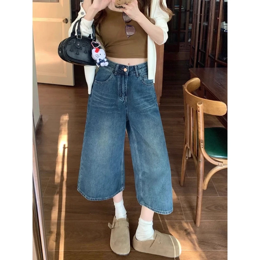 高腰七分牛仔裤美式复古女2025年夏季新款直筒宽松大码阔腿中裤子