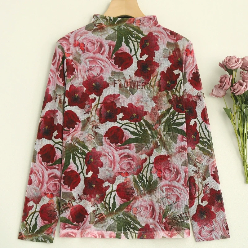 LANZIBES/蓝之蓓真丝100克网纱半高领时尚印花长袖T恤上衣C7912