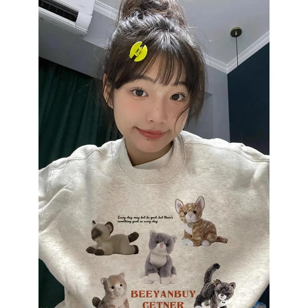 纯棉花灰色圆领卫衣女2025新款春秋薄款美式复古慵懒chic无帽上衣