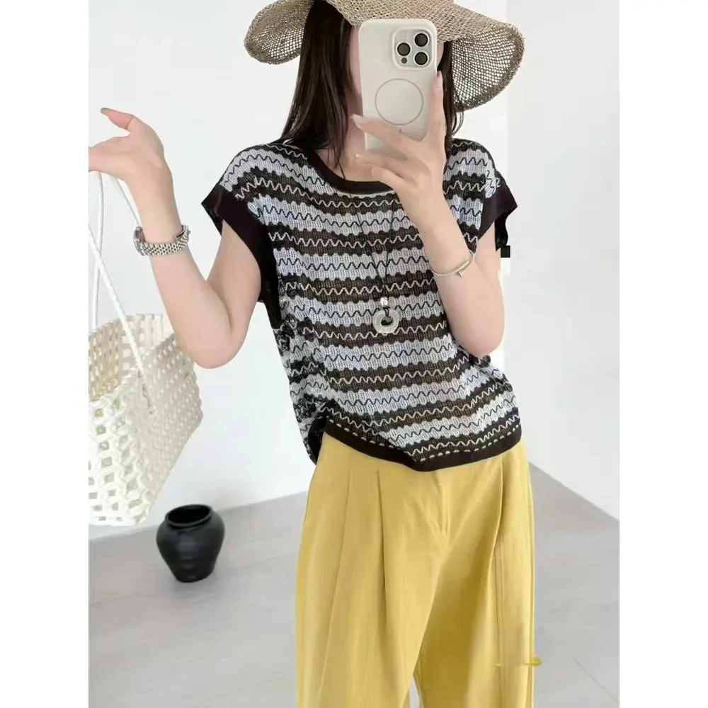时尚显瘦百搭镂空波浪条纹短袖针织衫女气质宽松短款上衣BJ8203
