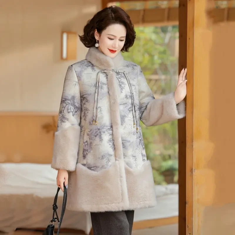 2024新款妈妈棉衣中长款洋气高贵貂绒大衣外套加厚保暖中老年冬装
