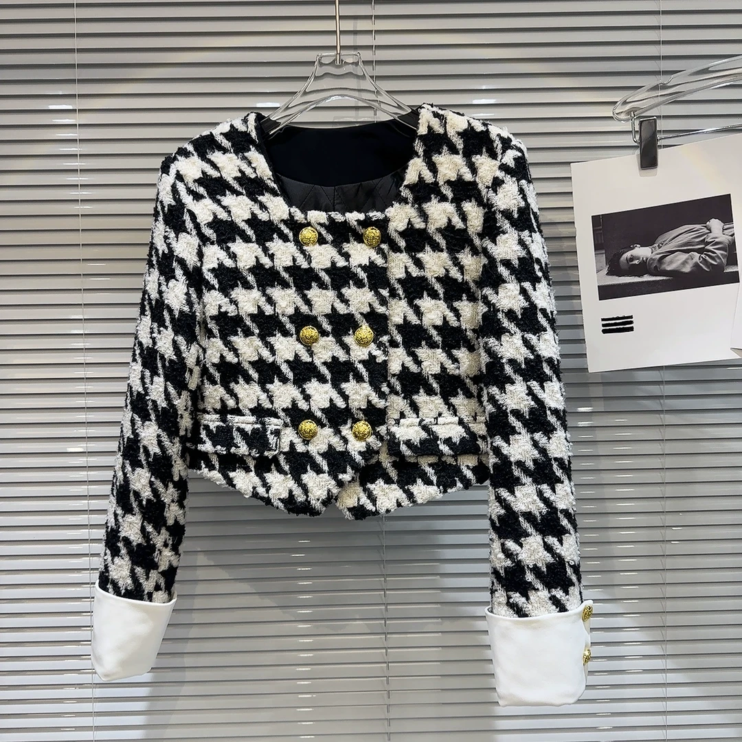 网红同款2024冬季新款小香风复古金属扣千鸟格粗花呢夹棉短外套女