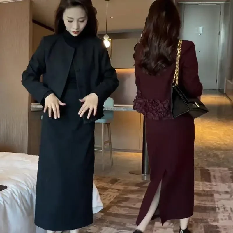 2025秋冬新款高级感时尚套装女花边外套西服中长款半身裙两件套潮