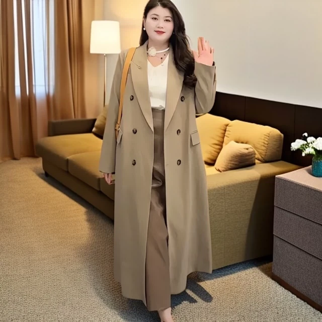 胖mm大码女装长款高级西装风衣外套200斤高个子宽松显瘦过膝大衣