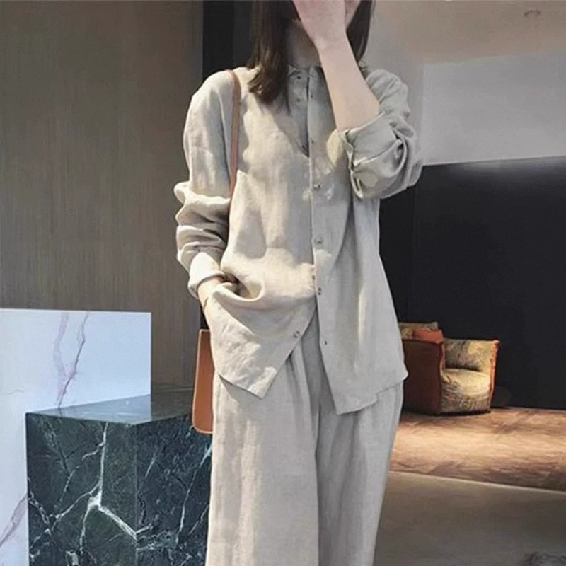 女麻衬衫女夏季个性薄款禅意国风品质衬衣阔腿拖地长裤子两件套装