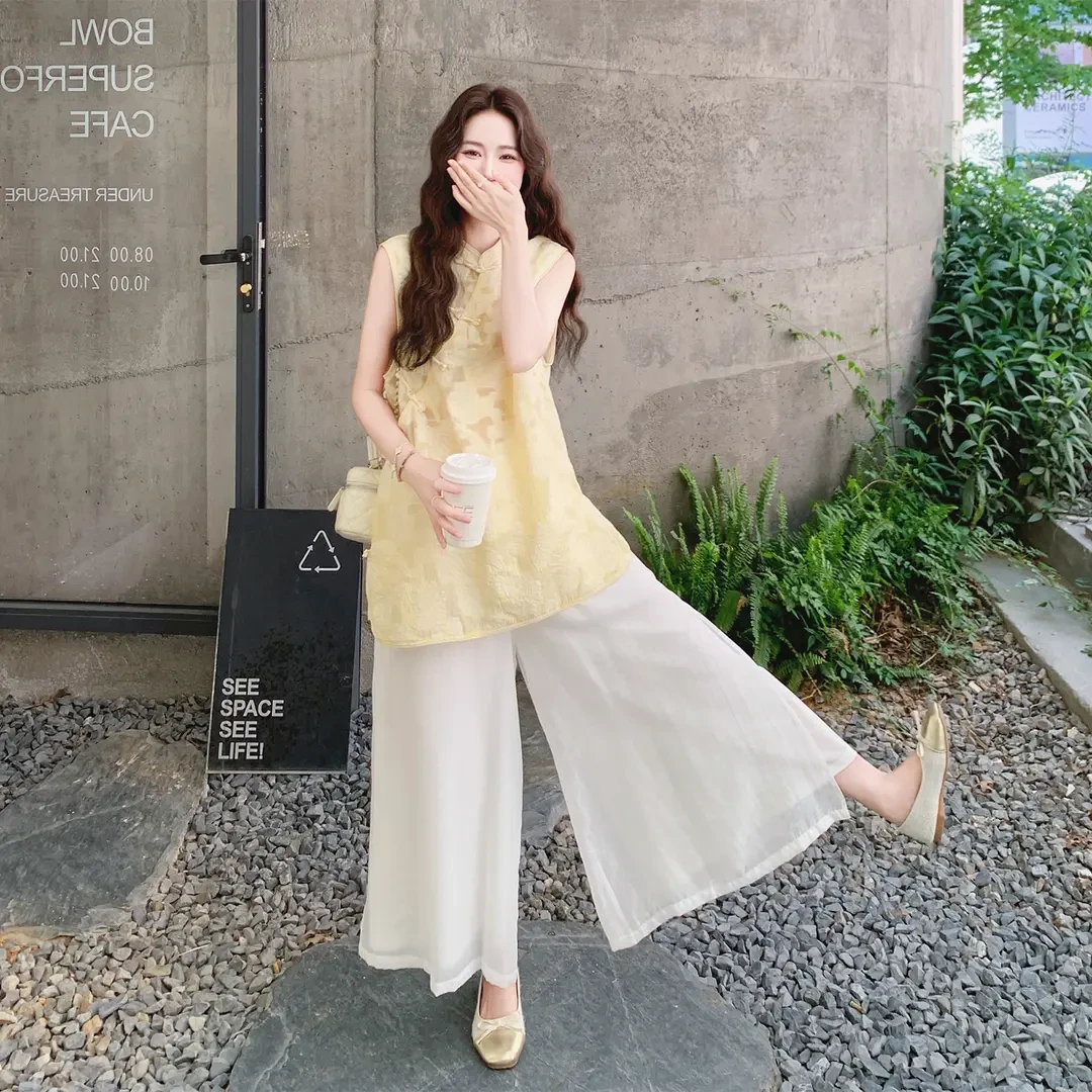 国风新中式蕾丝套装女2025夏新款设计感无袖旗袍上衣阔腿裤两件套