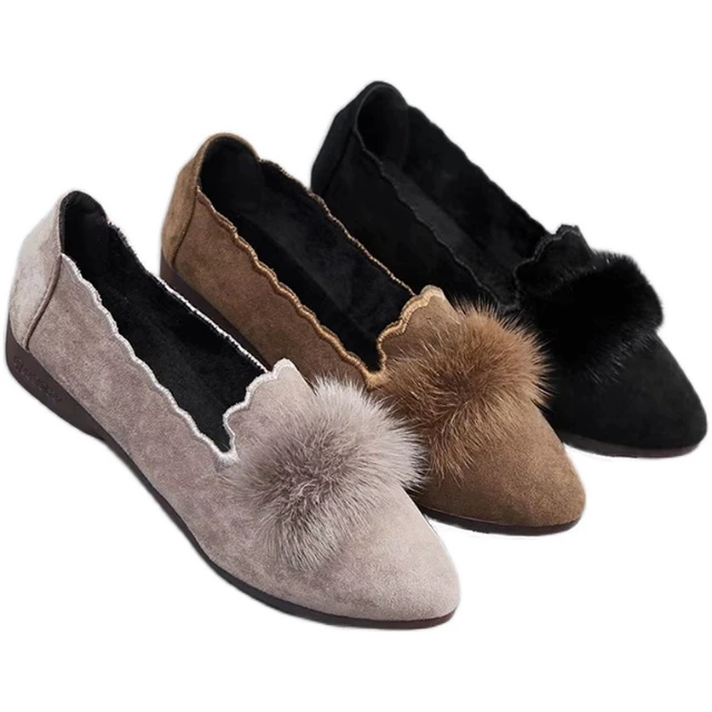 跟鞋女毛毛软底加毛豆豆女鞋zsw新款尖头平底鞋坡貂鞋女瓢绒单鞋