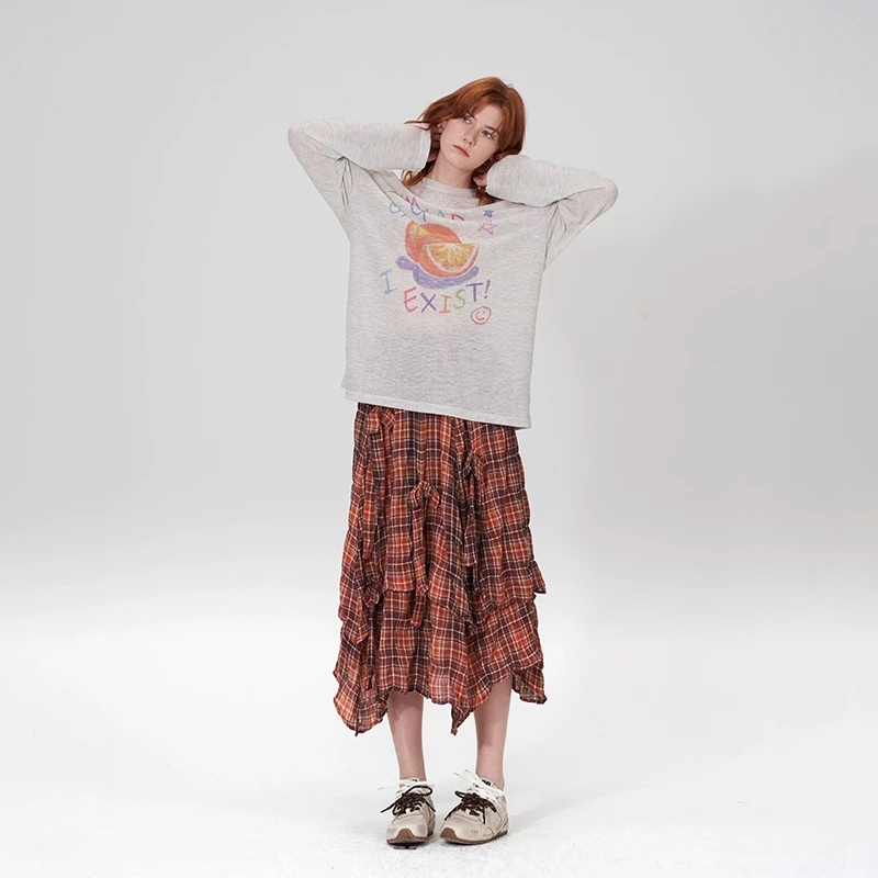 THE ENES不规则下摆荷叶边层次感蝴蝶结格纹半身裙