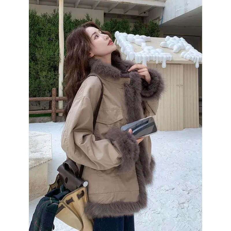 卡其色简约风休闲工装两面穿外套女2025秋冬款小个子加厚短款上衣