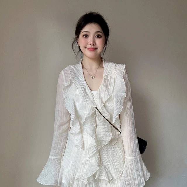 大码胖mm夏季新款法式温柔套装小众设计长袖荷叶边衬衫短款两件套