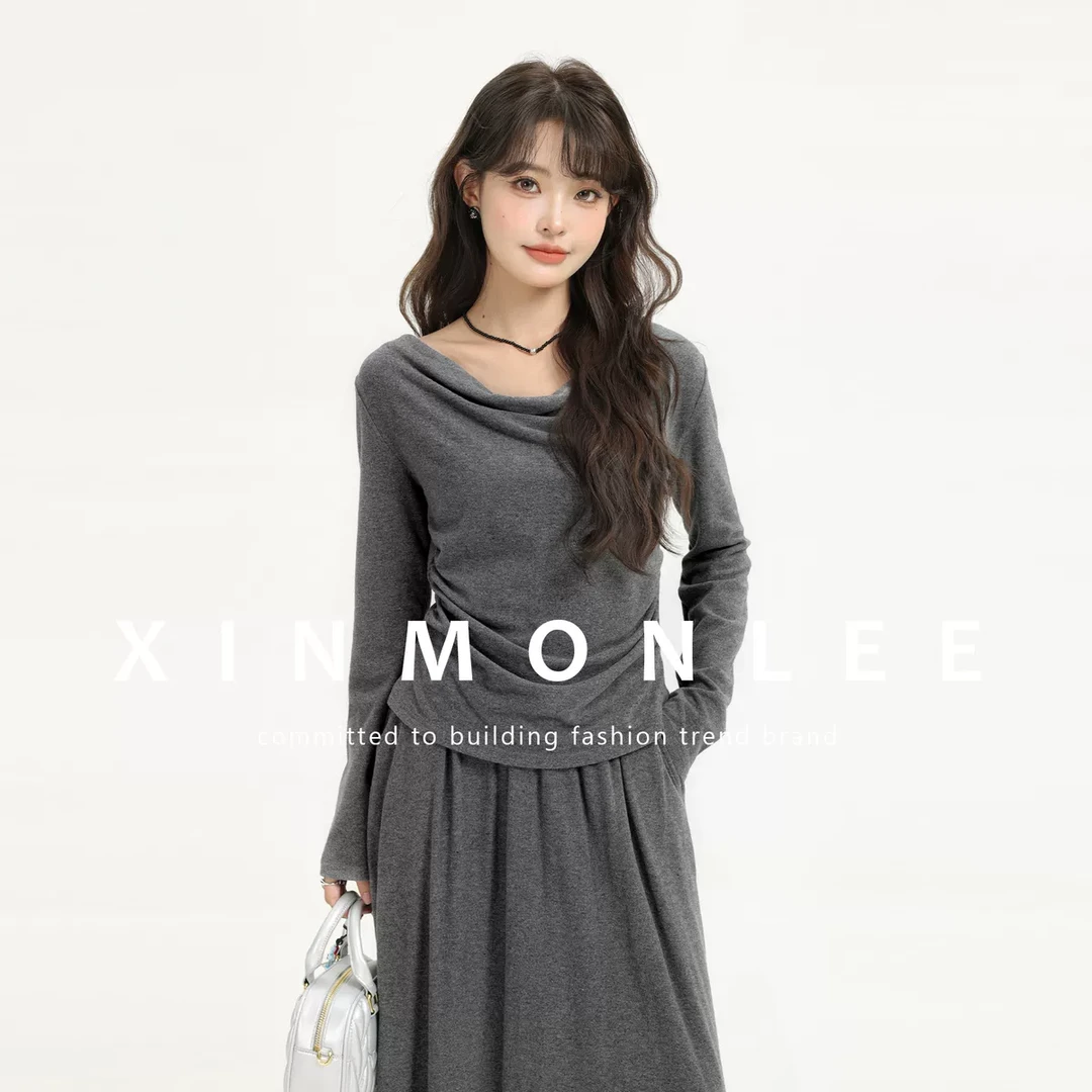 XinmonLee高级感针织两件套装收腰别致荡领T恤秋季高腰垂感半身裙