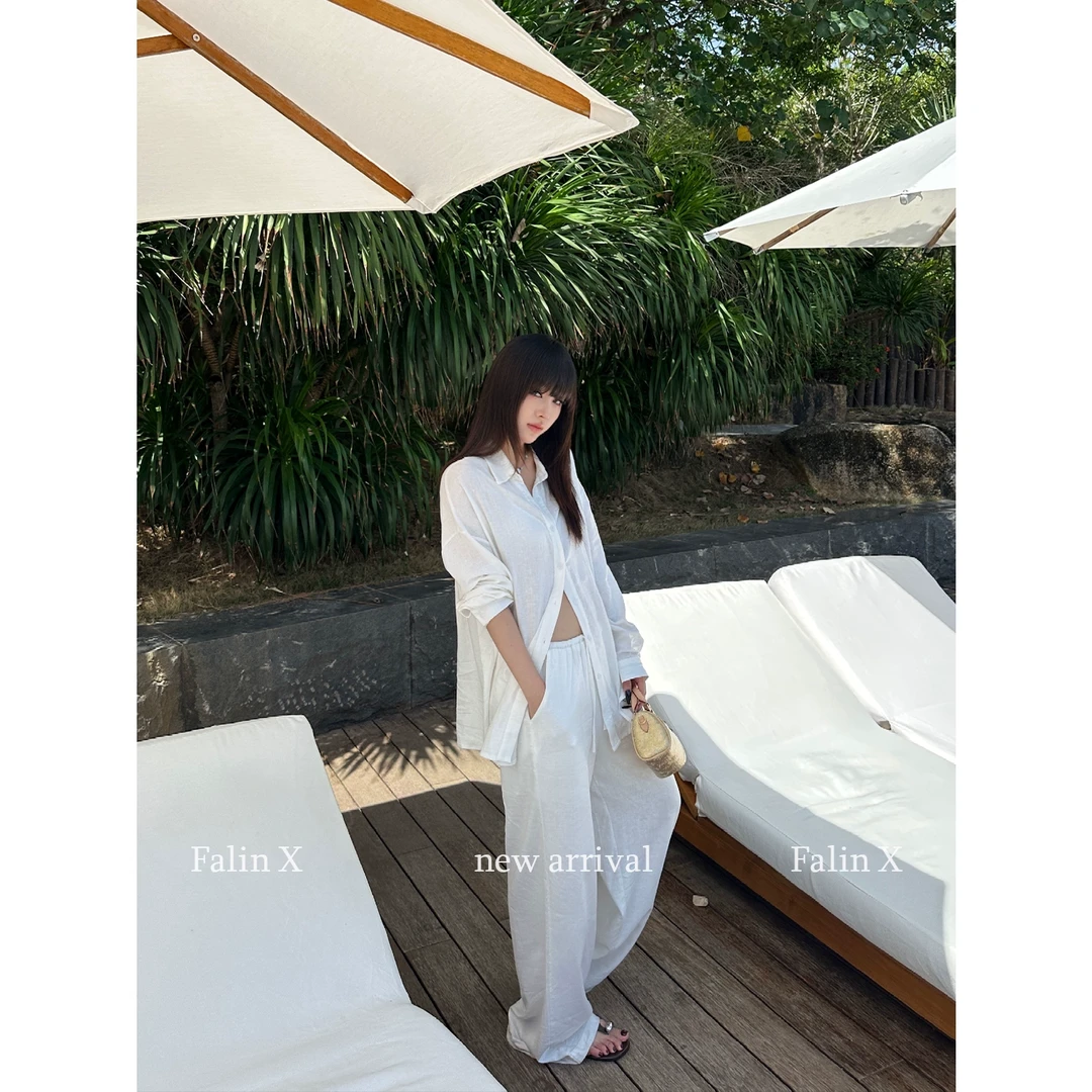 Falin X 亚麻防晒衬衫抽绳休闲裤套装女夏长袖宽松 F0272C F0271K