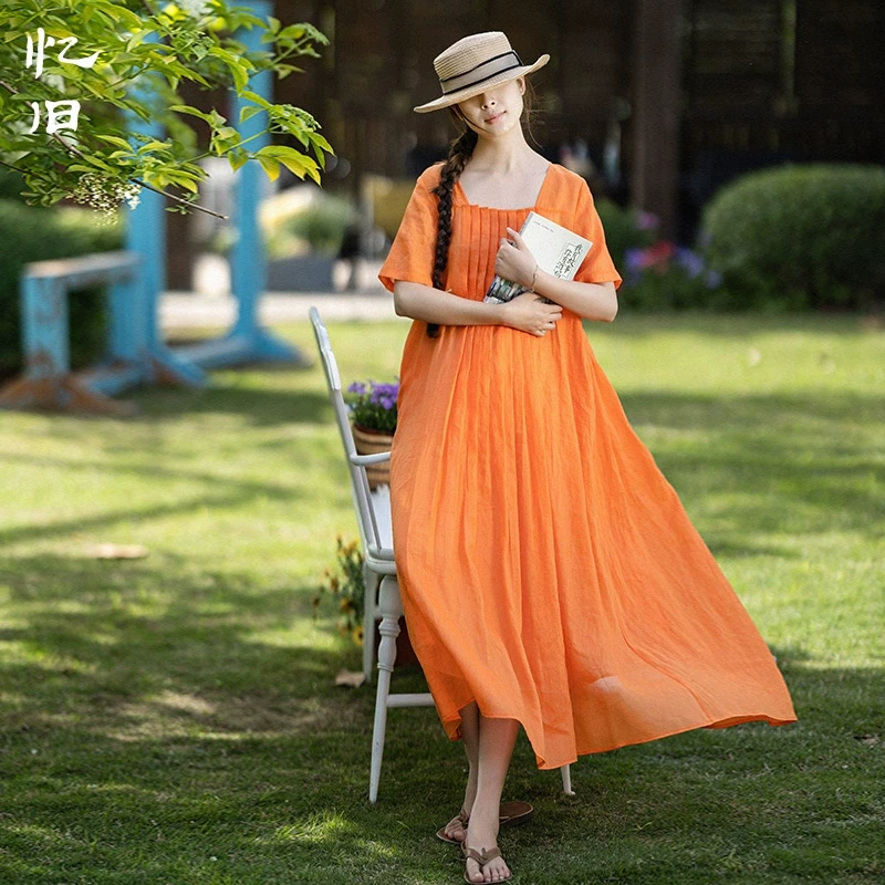 现货2048【橘子熟了】苎麻连衣裙女春夏新款工艺压褶裙子短袖长裙