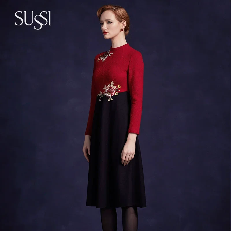 SUSSI/古色25秋冬商场同款 黑红拼接绣花立领高级感羊毛中国风