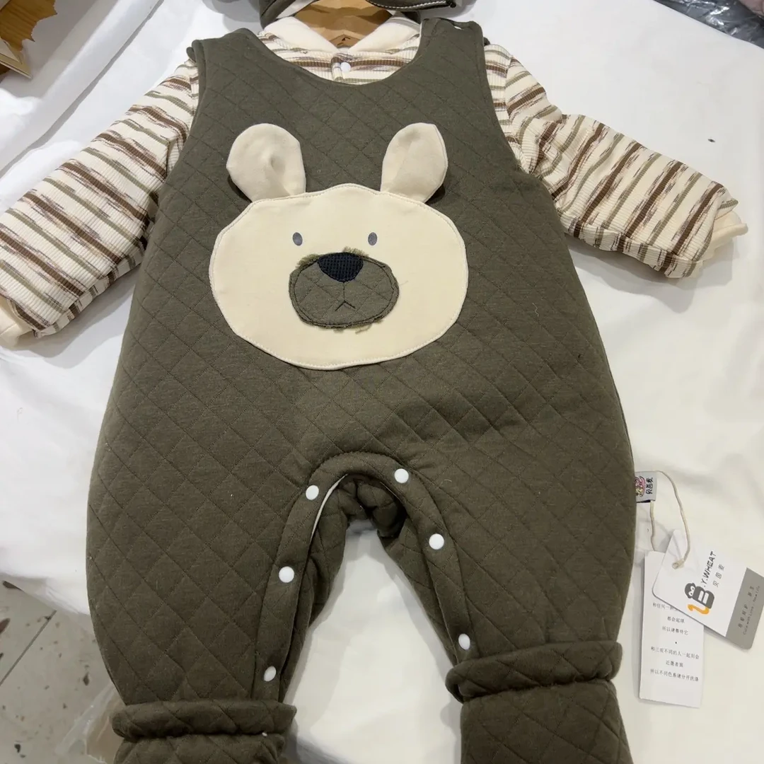冬加厚棉花衣可爱小熊连体爬服男宝休闲外出服条纹打底衫