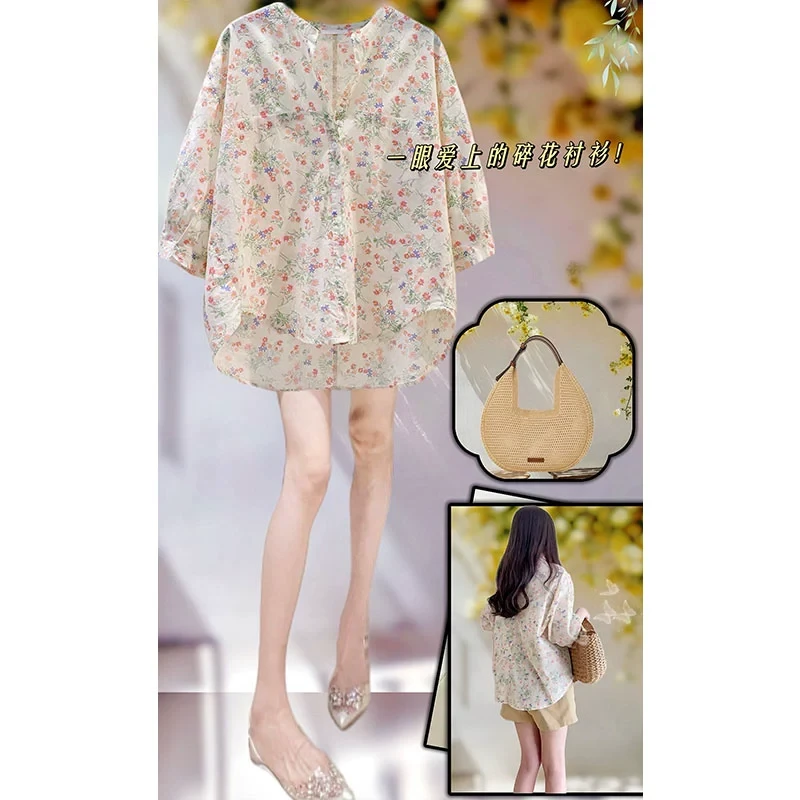 设计感新款文艺复古碎花衬衣女装夏季胖妹妹宽松休闲外穿衬衫上衣