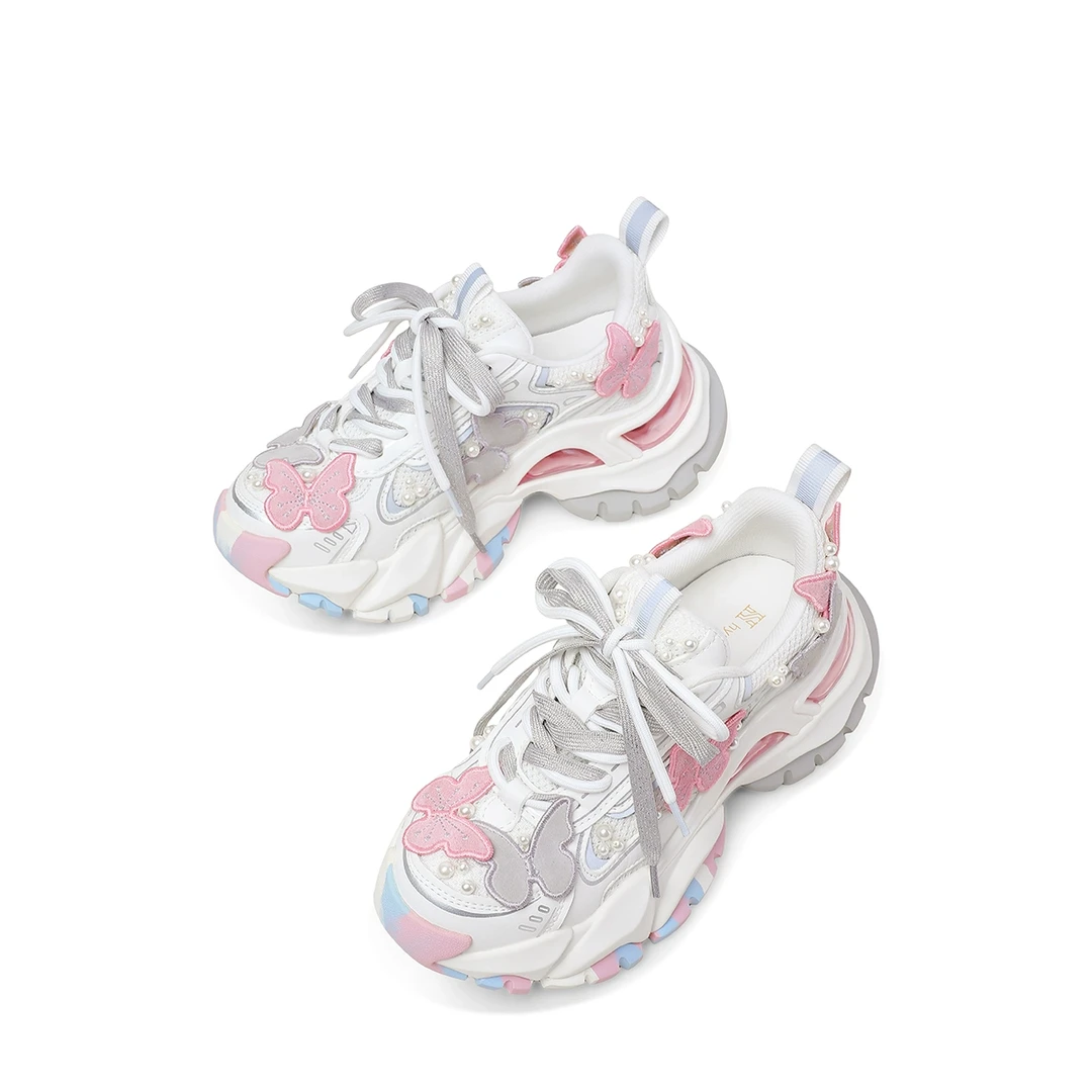 “彩蝶纷飞”小众原创轻质厚底老爹鞋女2025春季气垫增高休闲潮鞋