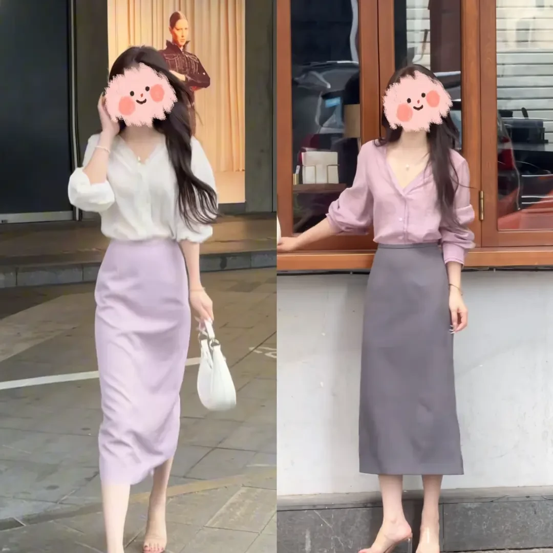 2025夏季新款法式气质高级感温柔风V领薄款长袖衬衫+高腰半身裙女